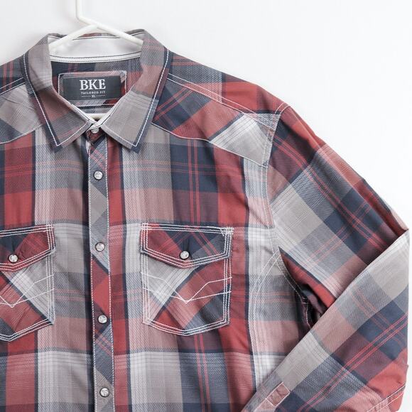 BKE Western Shirt Mens XL Tailored Fit Red Gray Plaid Contrast Stitch Pearl Snap - Picture 5 of 11